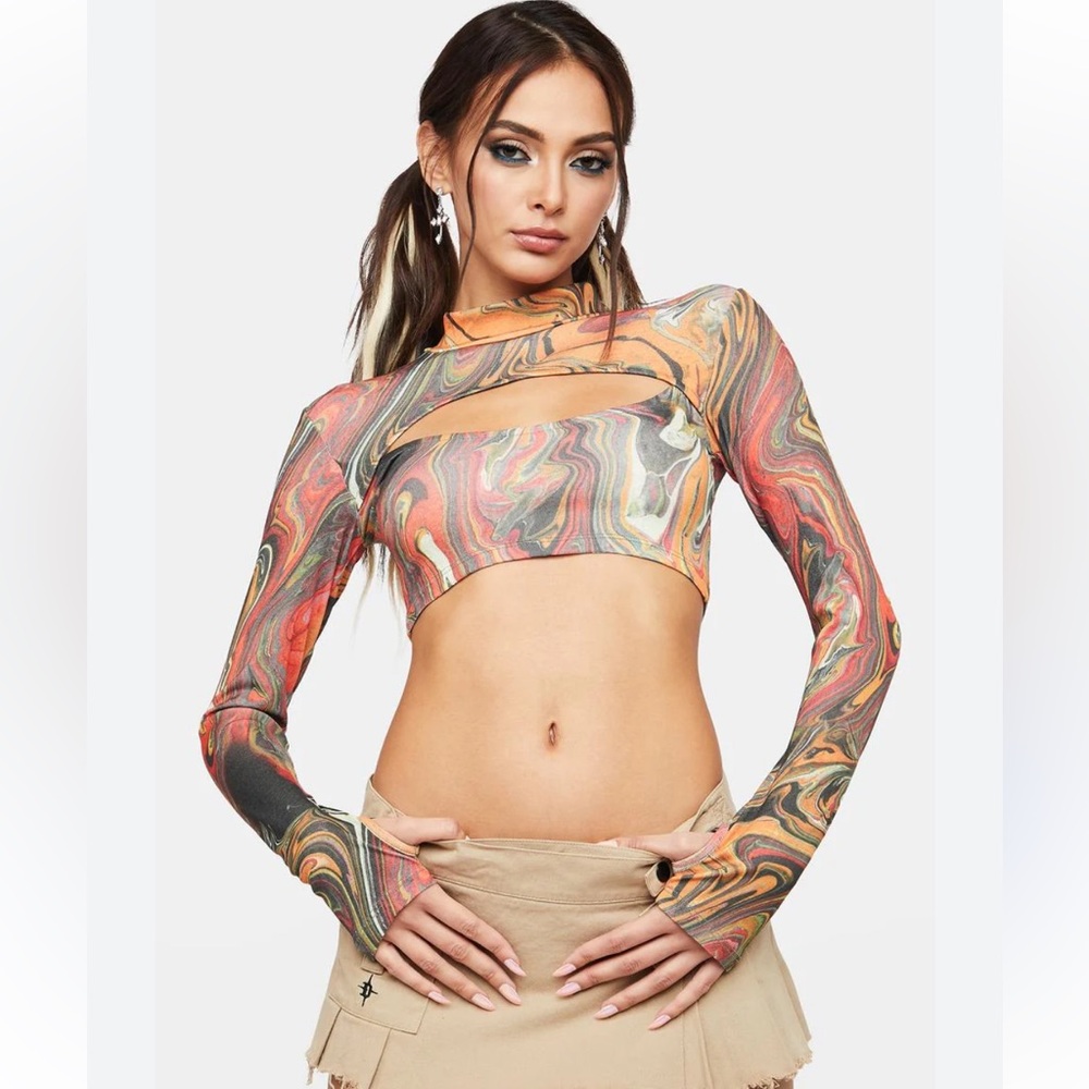 NGORDER Multi Swirl Cut Out Long Sleeve Crop Top